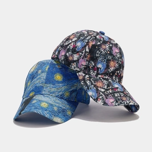 Patterned baseball caps with Van Gogh Starry Night and unicorn prints on white background