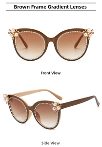 Close-up of cat-eye sunglasses with pearl flower hinge and rhinestone-encrusted frame
