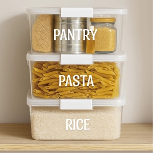 Three-tier clear plastic storage bins with pantry labels on a wooden shelf