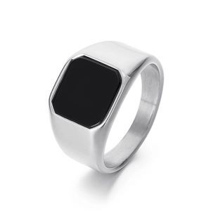 Men's vintage square black onyx ring in brushed silver stainless steel finish