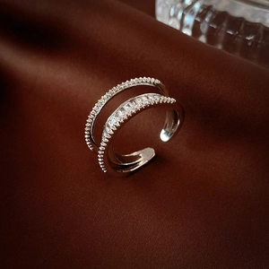 Minimalist double layer heart zircon open ring with polished silver finish for women