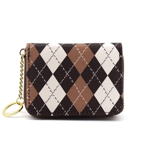 Brown argyle pattern accordion card holder wallet with gold zipper and keychain detail