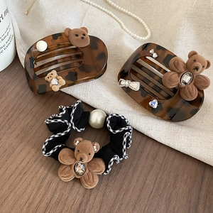 Detailed set of tortoiseshell resin clips and plaid scrunchie with cute flocked bears