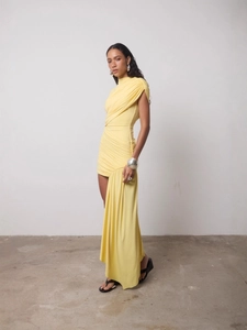 Elegant bright yellow one-shoulder ruched maxi dress with asymmetrical cut for women
