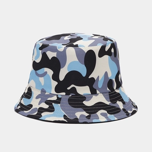 Detail view of camouflage bucket hat featuring blue pattern and reinforced stitched brim