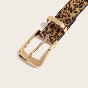Retro leopard print thin belt for women with elegant golden square metal buckle
