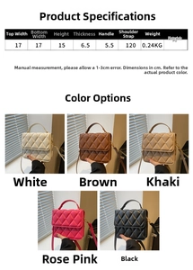 Tableau des tailles pour sac bandoulière en similicuir matelassé avec dimensions et 5 couleurs