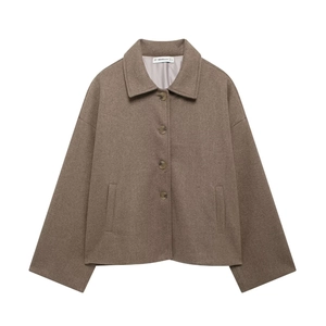 Fashionable brown faux wool short jacket with collar for women, 2025 autumn winter style