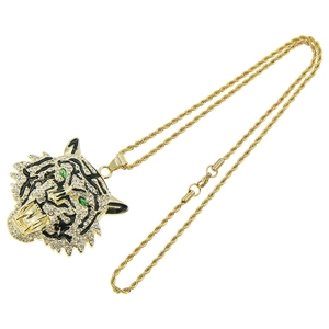 Hip hop tiger head pendant necklace with green crystal eyes and rhinestone details