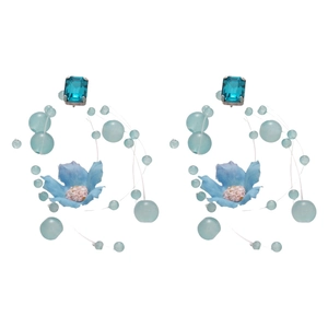 Blue fabric flower drop earrings with crystals and frosted beads on white background