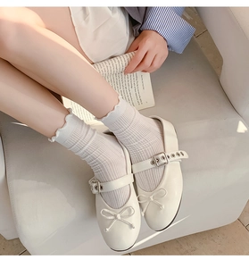 Detail of white ruffle socks paired with Mary Jane shoes showing fine knit texture