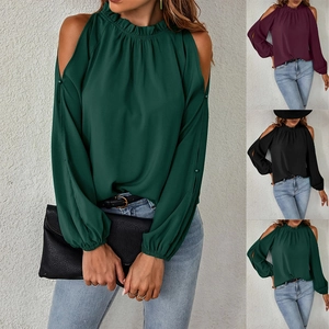Women's off-shoulder long sleeve chiffon blouse with ruffle high neck in multiple colors