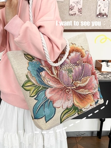 Fashionable beige canvas tote bag with exquisite peony floral embroidery and rope handle