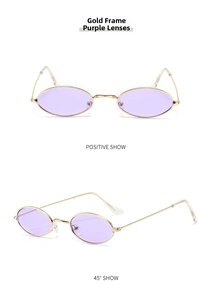 Detailed views of gold metal frame sunglasses with purple lenses from two angles