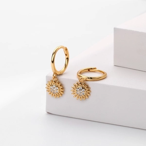 Elegant gold S925 sterling silver sun flower hoop earrings with sparkling zircon stones