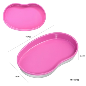 Pink stainless steel kidney-shaped tray for cosmetics and nail tools with size specs