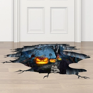 3D Halloween floor decal featuring glowing pumpkins, skulls, and a cracked ground effect