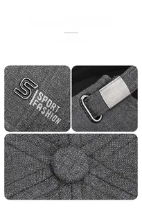 Detailed close-up of grey sport baseball cap with metallic logo and adjustable buckle