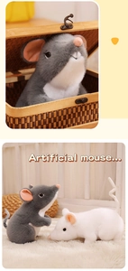 Close-up of grey and white plush mice toys with soft fur and pink inner ears detail