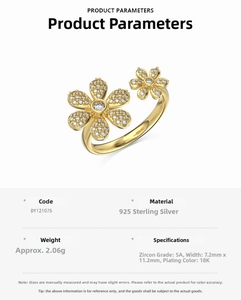 Macro detail of S925 silver flower ring with inlaid 5A zircon and 18K gold plating