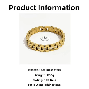 Detailed specs of 18K gold plated stainless steel watch-link bracelet with white zircons