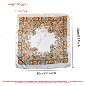 Detail view of 90cm paisley silk scarf showing weight and size specifications