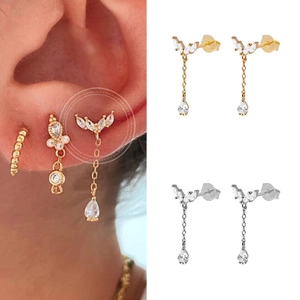 Elegant S925 silver long tassel drop earrings with cubic zirconia in gold and silver