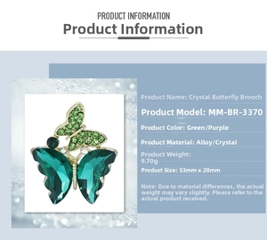 Detail view of emerald crystal butterfly brooch with dimensions 33mm by 28mm