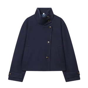 Short navy wool coat for women with stand collar and offset amber button closure