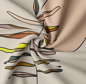 Detailed macro view of the soft textile texture and minimalist abstract leaf print on fabric