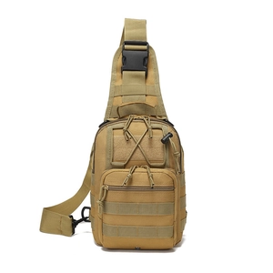Tactical chest bag with MOLLE webbing and velcro area made of khaki nylon fabric