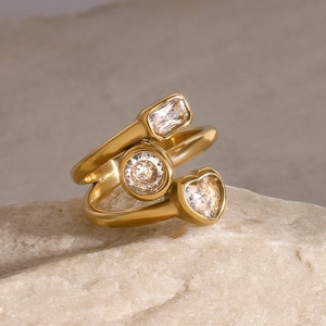 Three-piece 18k gold plated stainless steel ring set with heart, round and square zircon stones
