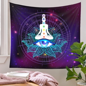 Detailed spiritual wall tapestry featuring yoga meditation silhouette and colorful chakra points
