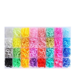 32-compartment organizer box with colorful elastic rubber hair bands set in rainbow colors