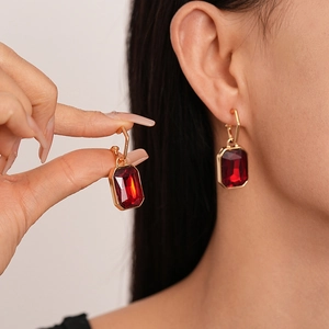 Vintage red rectangle gemstone earrings with gold finish and elegant geometric style