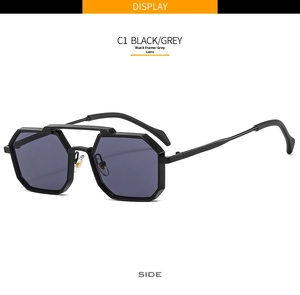 Close-up of C1 black metal frame with grey lenses and double bridge polygon sunglasses