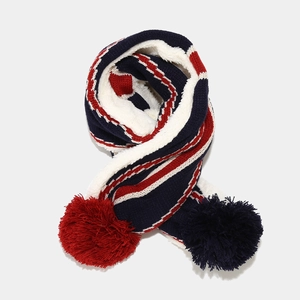 Winter kids knit scarf with Union Jack flag stripes and colorful pom-poms for warmth