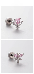 Détails de clous d'oreilles en acier titane avec zircon rose en cœur et fermoir à vis