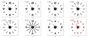 Detail showing eight diverse styles of modern DIY acrylic wall clocks with mute movement