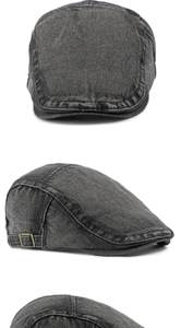 Vues détaillées du béret en jean délavé avec boucles en cuivre réglables et texture vintage