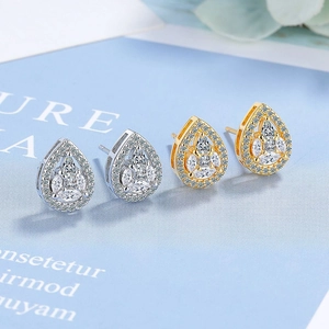 Sparkling waterdrop and square zircon earrings in silver and gold halo setting