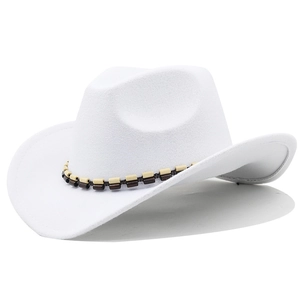 Close-up of white wool fedora hat featuring a dual-tone beaded ethnic decorative band