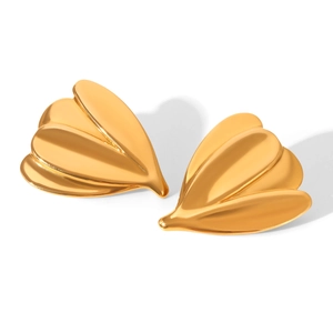 Detailed view of polished 18k gold leaf-shaped earrings in high-quality stainless steel