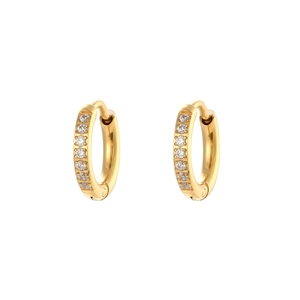 Detail view of gold titanium steel hoop earrings featuring white cubic zirconia inlay