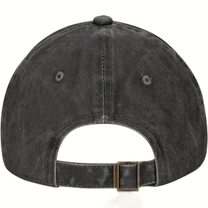 Washed dark grey cotton baseball cap rear view with adjustable vintage bronze metal buckle