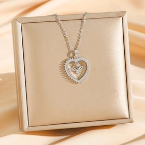 Titanium steel heart pendant necklace with zircon bird, elegant silver jewelry for women