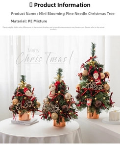 Three mini blooming pine needle Christmas trees in copper pots with festive ornaments