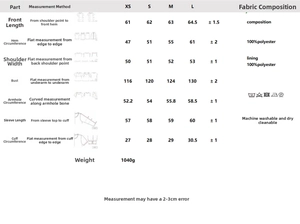Size chart for faux leather jacket showing measurements for XS to L in centimeters