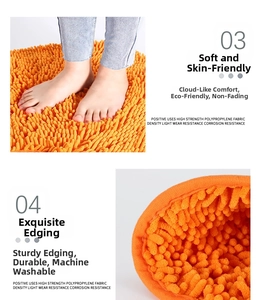 Close-up of soft orange chenille bath mat showing plush texture and durable edge stitching