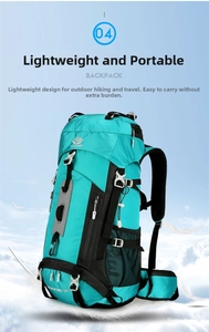 60L outdoor hiking backpack featuring blue tear-resistant fabric and suspension system